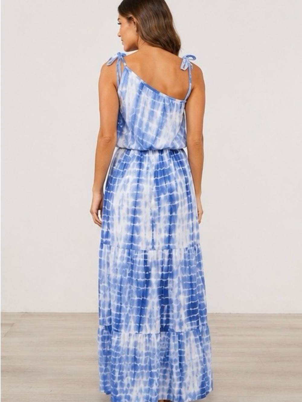 NWT Young USA Blue & White Tie-Dye One Shoulder Maxi Dress - Picture 2 of 9